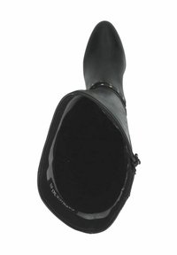 Black waterproof knee-high boot with a pointed toe, smooth texture, interior zipper, and a plush lining. Flat sole with branding visible.