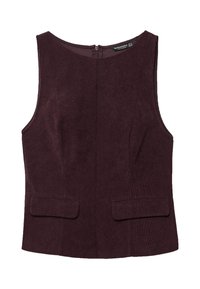 Top in magenta a coste con scollatura rotonda, due tasche frontali e una zip nascosta sul retro. Tessuto liscio, vestibilità sagomata.