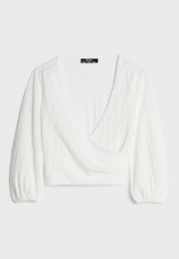 White, textured wrap top with long puff sleeves. Features a V-neck design and gathers at the waist, made from a lightweight fabric.