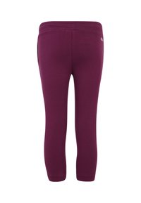 Leggings in tessuto elastico di un profondo viola, con una vita elasticizzata, una vestibilità aderente e senza motivi o decorazioni visibili.