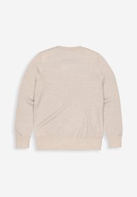 Beige lange mouw gebreide trui met een gestructureerd patroon, geribbelde manchetten, zoom en halslijn, plat gelegd met de achterkant zichtbaar.