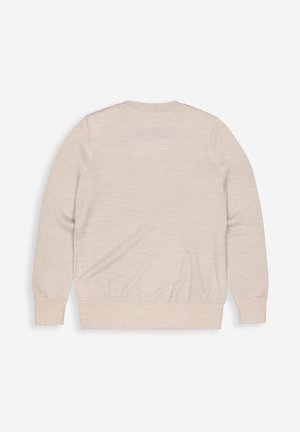 Beige Langarm-Strickpullover mit strukturiertem Muster, gerippten Bündchen, Saum und Ausschnitt, flach ausgelegt, so dass die Rückseite sichtbar ist.