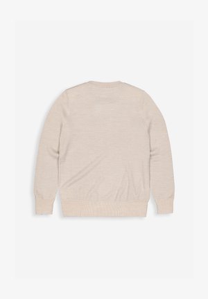 Beige Langarm-Strickpullover mit strukturiertem Muster, gerippten Bündchen, Saum und Ausschnitt, flach ausgelegt, so dass die Rückseite sichtbar ist.