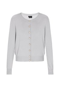 Cardigan grigio chiaro realizzato in un tessuto morbido, con collo rotondo, maniche lunghe e bottoni dorati sul davanti. Polsini e orlo a coste.