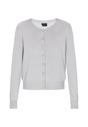 Svetlo siva cardigan iz mehkega materiala, z okroglo izrezom, dolgimi rokavi in zlatimi gumbi spredaj. Ribošivani manšeti in rob.