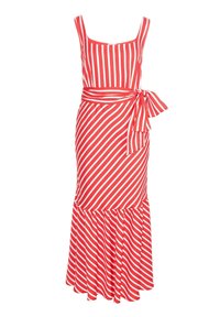 Rot-weiße gestreifte Kleid mit quadratischem Ausschnitt, taillierter Taille und einem ausgestellten, rüschend gesäumten Saum. Begleitet von einem passenden gebundenen Gürtel.