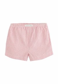 Różowo-białe spodenki z pionowymi paskami i elastycznym pasem, z małą etykietą "Catch A Wave" na środku z przodu.