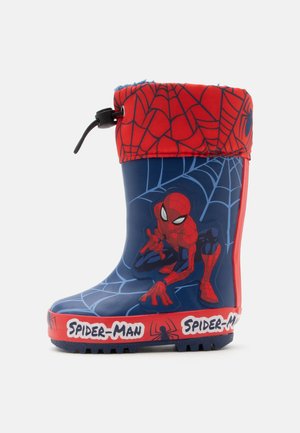 Niebiesko-czerwony dziecięcy kalosz z grafiką Spider-Mana, wzorami pajęczyny i regulowanym czerwonym mankietem z zaciskanym sznurkiem.