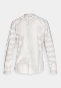 Long-sleeved shirt in a light beige and white vertical striped pattern. Features a stand collar and button closure with matching cuffs.