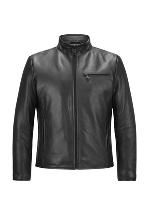Schwarze Lederjacke mit Stehkragen, Frontreißverschluss und einer Brusttasche; zeichnet sich durch eine glatte Textur und einen figurbetonten Schnitt aus.