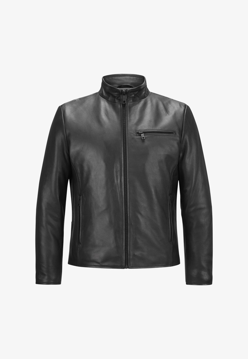 Schwarze Lederjacke mit Stehkragen, Frontreißverschluss und einer Brusttasche; zeichnet sich durch eine glatte Textur und einen figurbetonten Schnitt aus.