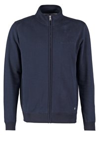 Veste polaire bleu marine zippée intégralement, col haut, manches longues, poignets et ourlet côtelés, avec un logo discret de la marque sur la poitrine.