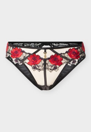 Ženske prosojne črne spodnjice iz perila z rdečim cvetličnim vezenjem, čipkasto obrobo in majhnim zlatim zaponkom spredaj na sredini.