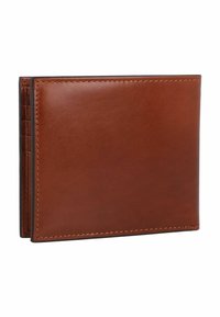 Portafoglio pieghevole in pelle marrone con texture liscia, cuciture visibili e più scomparti per carte, che mette in mostra un design rettangolare elegante.