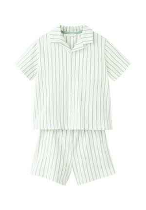 Súprava pyžama s krátkym rukávom s jemnými svetlozelenými zvislými pruhmi, ktorá obsahuje košeľu na gombíky s vreckom a zladené šortky.