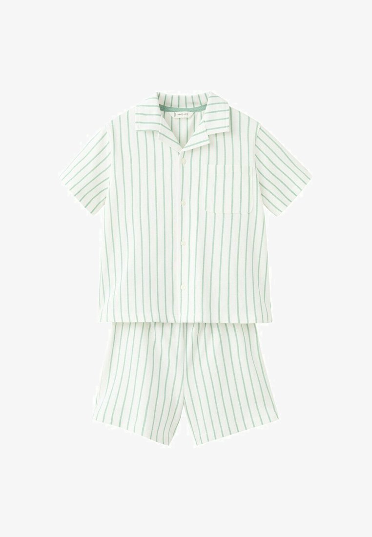 Súprava pyžama s krátkym rukávom s jemnými svetlozelenými zvislými pruhmi, ktorá obsahuje košeľu na gombíky s vreckom a zladené šortky.