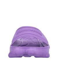 Purple slide sandal made of soft, textured rubber. Features a wide strap and a contoured footbed with a cushioned sole.