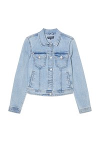 Chaqueta de mezclilla azul clara con un diseño ajustado, que cuenta con dos bolsillos en el pecho, cierre frontal con botones y un collar clásico. Textura suave.