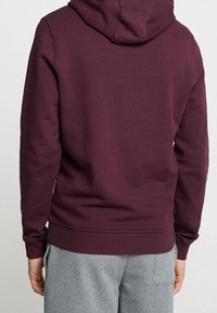 Tmavě vínová mikina s kapucí, klokaní kapsou, žebrovanými manžetami a lemem. Měkká textura látky s kapucí na šňůrku, pohled zezadu.