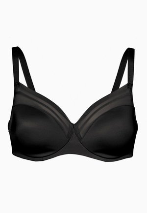 Seno nero con coppe sagomate e lisce e pannelli superiori trasparenti. Spalline regolabili, design senza cuciture e un dettaglio centrale per una struttura aggiuntiva.