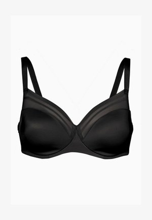 Seno nero con coppe sagomate e lisce e pannelli superiori trasparenti. Spalline regolabili, design senza cuciture e un dettaglio centrale per una struttura aggiuntiva.