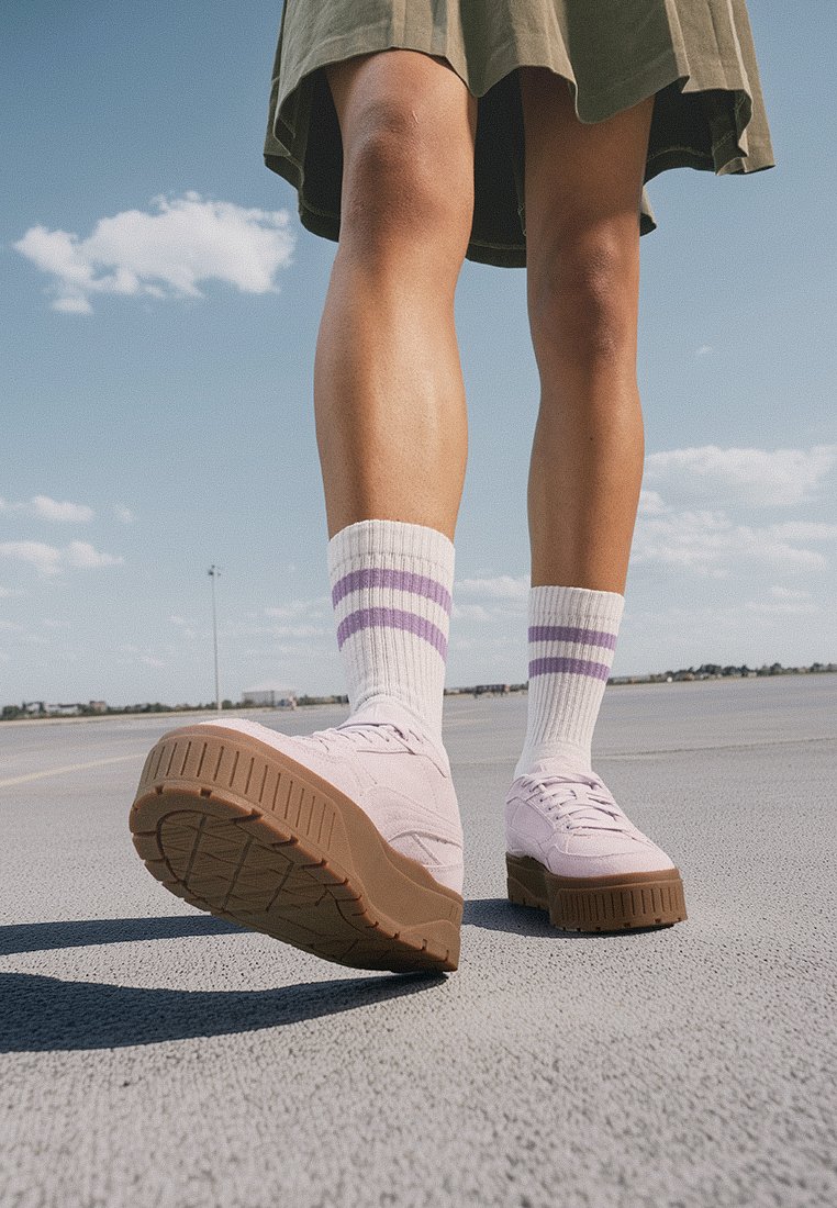 Baskets plateformes roses avec des semelles en caoutchouc texturé, accompagnées de chaussettes blanches avec deux rayures violettes, sur fond de ciel dégagé.