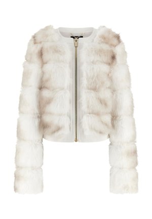 Veste en fausse fourrure blanche avec une fermeture éclair frontale, des manches longues, et un design patchwork composé de sections rectangulaires duveteuses.