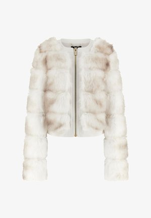 Veste en fausse fourrure blanche avec une fermeture éclair frontale, des manches longues, et un design patchwork composé de sections rectangulaires duveteuses.