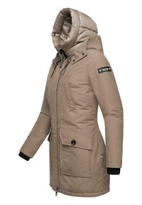 Beige insulated parka with a high collar, zip and button closures, multiple pockets, and black ribbed cuffs. Smooth textural finish.