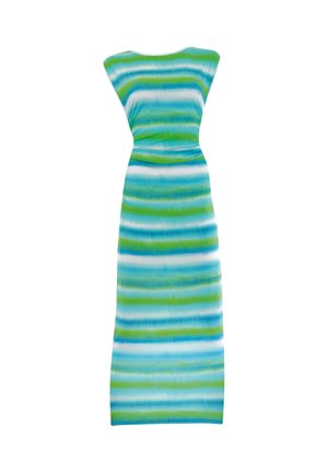 Abito lungo senza maniche con strisce ondulate orizzontali blu, verdi e bianche e vita aderente.