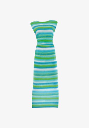 Maxi šaty bez rukávov s horizontálnymi modrými, zelenými a bielymi vlnovými pruhmi a priliehavým pásom.