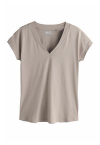 Beige V-hals T-shirt gemaakt van zacht katoen met korte mouwen. Heeft een ontspannen pasvorm en een gladde textuur met minimale stikdetails.