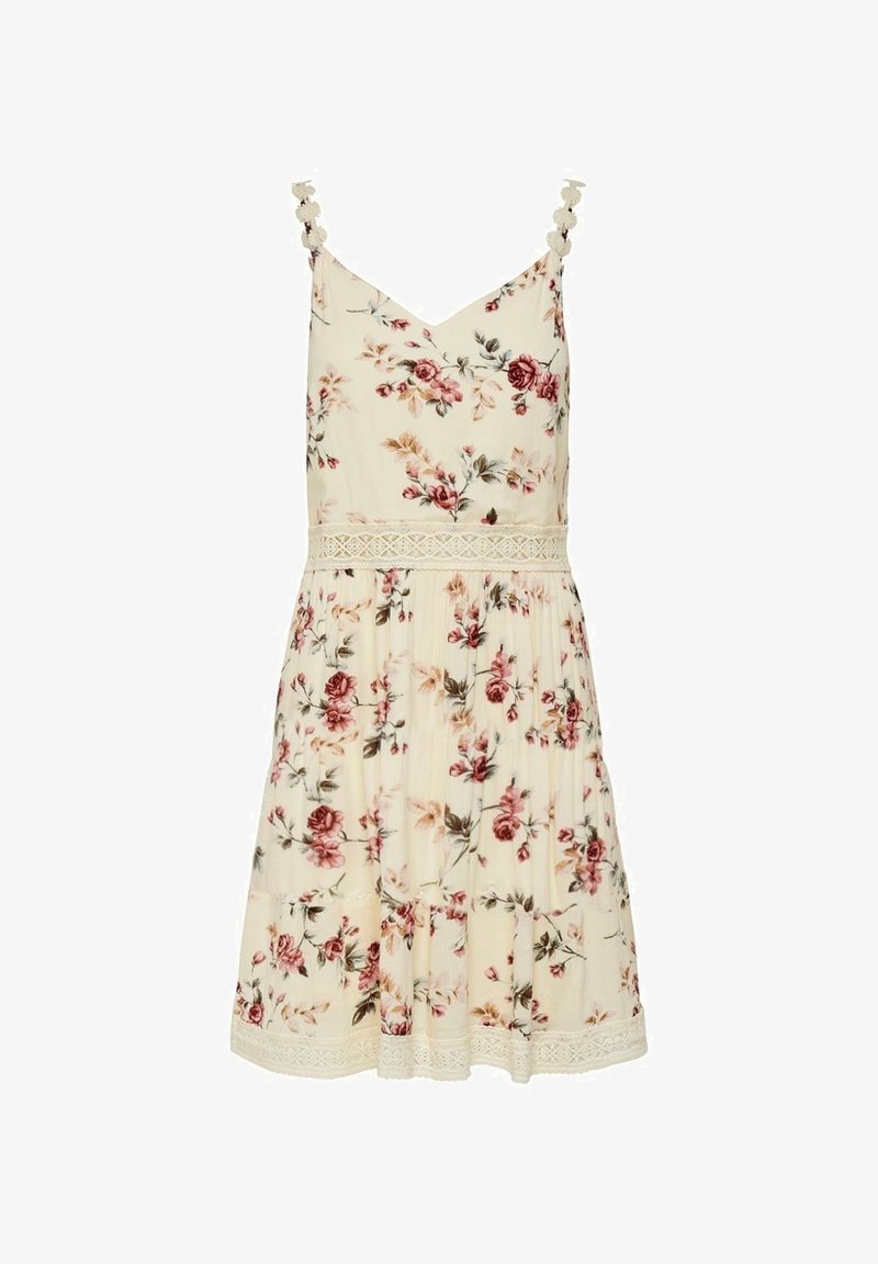 Robe crème sans manches avec imprimé floral rose et rouge, bordure en dentelle à la taille et à l'ourlet, et bretelles en dentelle avec fleurs.