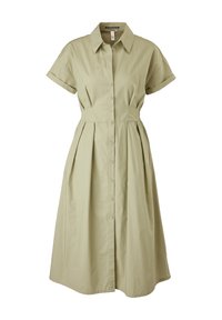 Khaki košilové šaty s krátkým rukávem, skládán�ím v sukni, límcem, vyrobené z lehkého materiálu, s přiléhavým pasem a rovnou siluetou.