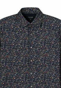 Marineblaues Hemd mit Knöpfen und einem bunten Blumendruck in verschiedenen Farbtönen. Hergestellt aus einem Stoff mit glatter Textur und tailliertem Schnitt.