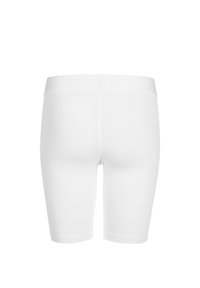 Pantaloni corti bianchi aderenti realizzati in tessuto elastico, con una consistenza liscia. Il design include una semplice vita e nessun motivo visibile.