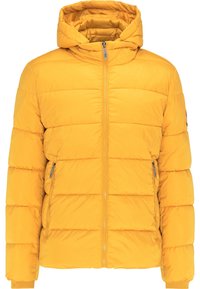 Veste matelassée jaune avec capuche, fermeture zippée à l'avant et poches latérales zippées, conçue pour les temps froids.