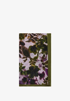 Sjaal met bloemenpatroon van doorschijnende stof in groen- en paarstinten, opgesierd met een effen olijfgroene rand.