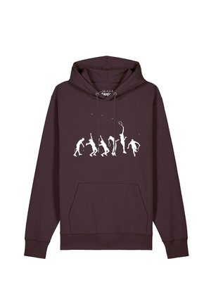 Sweat à capuche violet foncé avec un graphisme blanc montrant l'évolution d'une personne jouant au tennis, de la marche au coup de balle avec une raquette.