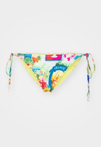 Bikini apakšda spilgti dzeltenā krāsā ar ziedu rakstu, kas ietver rozā, zaļu un zilu toņus. Regulējami saitītes katrā pusē.