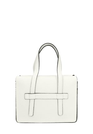 Borsa a mano in pelle bianca con finitura testurizzata, forma rettangolare, due manici superiori e bordi e cinghie di contrasto neri.