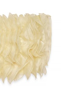 Tessuto giallo arricciato con una texture trasparente, caratterizzato da onde orizzontali e una rifinitura metallica lungo i bordi. Materiale morbido e leggero.