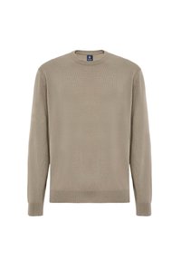 Bamboo knit sweater in light beige, features a crew neckline, long sleeves, and ribbed cuffs and hem for added texture.
