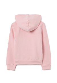 Felpa con cappuccio rosa chiaro, con polsini e orlo a costine. Tessuto morbido, design semplice, senza loghi o motivi visibili sul retro.