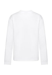 Weißes Langarm-T-Shirt aus Baumwolle mit Rundhalsausschnitt und geradem Saum. Glatte Textur ohne sichtbare Muster oder Designs.