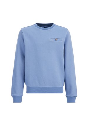 Sudadera azul claro de manga larga con cuello redondo, puños y bajo acanalados, con un pequeño bolsillo con botón en el pecho a la izquierda.