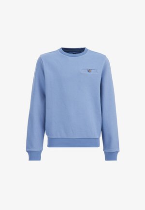 Felpa azzurro chiaro a maniche lunghe con scollo tondo, polsini e orlo a coste, con una piccola tasca sul petto con bottone sul lato sinistro.