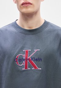 Jovem a usar um sweatshirt cinza com um grande logótipo vermelho "cK" e o texto "Calvin Klein" bordado no peito.