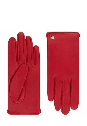 Rote Lederhandschuhe mit glatter Textur, Fünf-Finger-Design und einem kleinen silbernen Emblem im Handgelenkbereich.