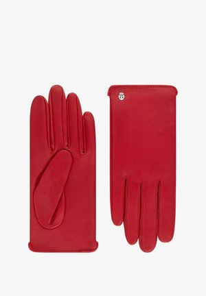Red leather gloves featuring a smooth texture, five finger design, and a small silver emblem on the wrist area.